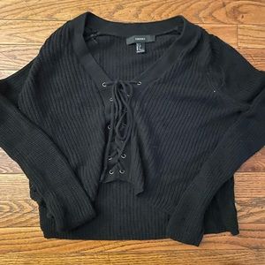 Black lace up sweater, kind of cropped